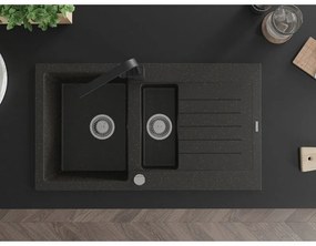 Mexen Matias, granitový drez 900x505x200 mm, 1,5-komorový a čierna batéria Rita, čierna-zlatá metalíza, 6502-75-670300-70
