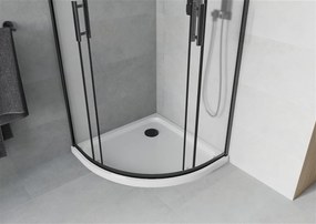 Mexen Rio, štvrťkruhový sprchovací kút s posuvnými dverami 80 (dvere) x 80 (dvere) x 190 cm, 5mm sklo námraza, čierny profil + biela sprchová vanička SLIM, 863-080-080-70-30-4110B