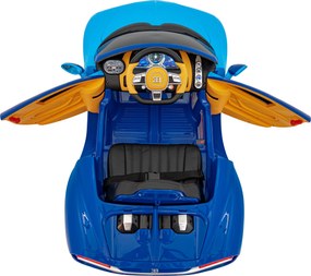 Ramiz Bugatti Chiron batérie pre deti Modrá + Diaľkové ovládanie + Nosič batožiny + EVA + Tlmiče + LED Audio