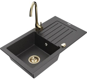 Mexen Pablo, granitový drez 752x436x161 mm, 1-komorový a zlatá batéria Telma, čierna škvrnitá, 6510-76-670200-50