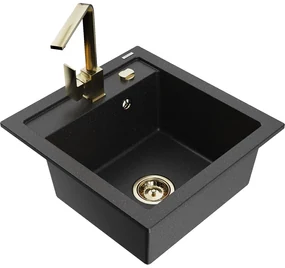 Mexen Vito, 1-komorový granitový drez 520x490x210 mm, zlatá batéria Rita, čierna-strieborná metalíza, 6503-73-670300-50