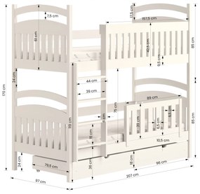 Posteľ poschodová drevená Amely - Farba Biely, rozmer 90x200