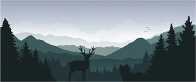 Obraz - Jeleň s vlkom v skalách (120x50 cm)