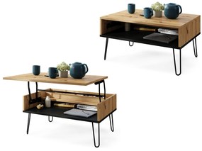 HAIRPIN S-90 Dub Artisan / Čierna matná - MODERNÝ KONFERENČNÝ STOLÍK LAVICA SO ZDVÍHACOU DOSKOU + ÚSCHOVNÝ PRIESTOR + POLICA