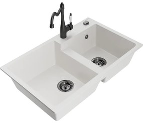 Mexen Tomas, granitový drez 800x500x190 mm, 2-komorový a drezová batéria Carla, biela, 6516-20-670700-70