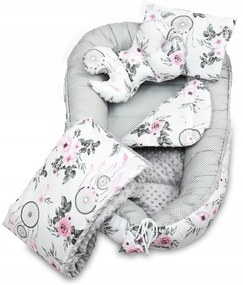 Obojstranné hniezdočko (kokon) pre bábätko - BABYMAM PREMIUM set 7v1 - Lapač snov so sivou Minky