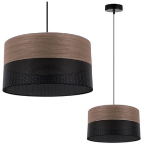 Light Home Závesné svietidlo Wood, 1x hnedá orechová dýha/čierne PVCové tienidlo, (fi 30cm)