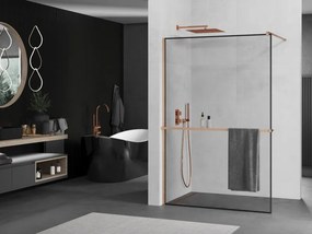 Mexen Kioto+, sprchová zástena Walk-In s poličkou a vešiakom 70 x 200 cm, 8mm číre sklo čierny vzor, medený matný profil, 800-070-121-65-70
