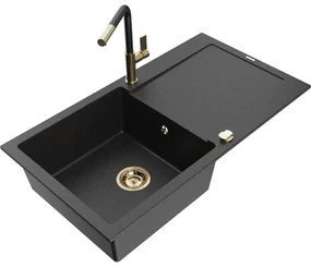Mexen Leo, 1-komorový granitový drez 900x500x190 mm a drezová batéria Flora, čierna-strieborná metalíza, 6501-73-670401-57-G