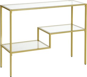 HOMCOM Konferenčný stolík s 3 policami z ocele a tvrdeného skla, 100x32x76 cm, Zlatý | Aosom