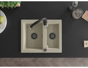 Mexen Carlos, 1,5-komorový granitový drez 582x475x177 mm a drezová batéria Savita, béžová, 6518-69-672601-70