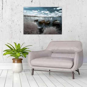 Sklenený obraz - Drevené loďky na jazere (70x50 cm)