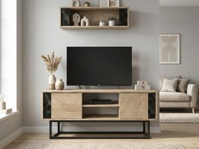 TV stolík CLARA 160 cm s nástennou policou, zafírový dub/čierny mramor