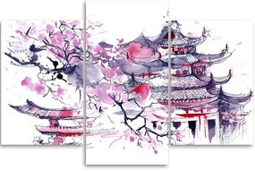 Gario Obraz na plátne Japonská pagoda a čerešňový kvet - 3 dielny Rozmery: 60 x 40 cm