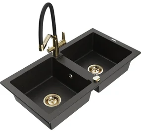 Mexen Mario, granitový drez 820x436x161 mm, 2-komorový a drezová batéria Duo, čierna-zlatá metalíza, 6504-75-671701-57-G