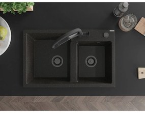Mexen Tomas, 2-komorový granitový drez 800x500x190 mm  a kuchynská batéria Duo, čierna-zlatá metalíza, 6516-75-671701-70-B