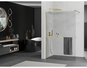 Mexen Kioto+, sprchová zástena Walk-In s poličkou a vešiakom 120 x 200 cm, 8mm číre sklo, zlatý matný profil, 800-120-121-55-00