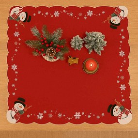 Vianočný vyšívaný obrus Snehuliak červený 85x85 cm TiaHome