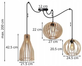 Závesné svietidlo Timber Spider, 3x drevené tienidlo (mix 3 tvarov)
