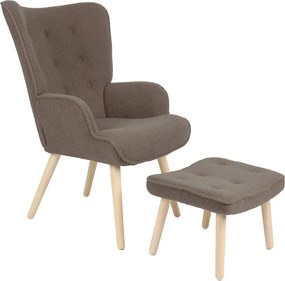 Relaxačné kreslo ušiak ROMEO II + taburet — masívne drevo, látka bouclé, prírodná / hnedá