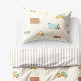 Goldea detské bavlnené obliečky - svet autíčok s latte prúžkami 140 x 200 a 70 x 90 cm