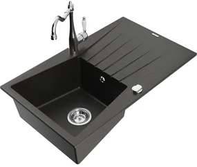 Mexen Cesar, 1-komorový granitový drez 775x470x190 mm a drezová batéria Carla, čierna-zlatá metalíza, 6514-75-670700-00