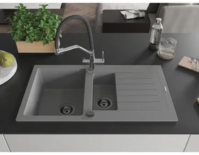 Mexen Matias, 1,5-komorový granitový drez 900x505x200 mm a drezová batéria Duo, šedá, 6502-71-671701-07-B