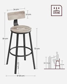 Sada 2 barových stoličiek, s operadlom, oceľovým rámom, greige a čierna farba