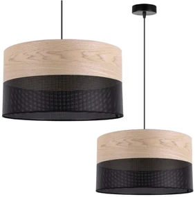 Závesné svietidlo Wood, 1x béžová dubová dýha/čierne PVC tienidlo, (fi 40cm)