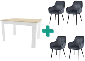 Jedálenský set 1+4, biely stôl v dekore dub sonoma MADO 120x80cm a sivá zamatová stolička SOLDEN