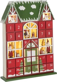 Červený drevený LED adventný kalendár House J-line - 25,5 * 6,5 * 34,5 cm
