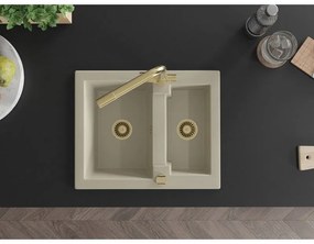 Mexen Carlos, 1,5-komorový granitový drez 582x475x177 mm a drezová batéria Duero, béžová, 6518-69-671600-50