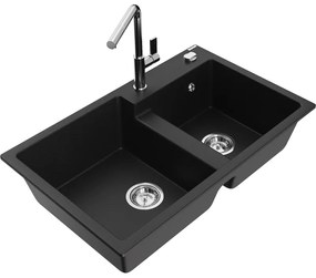 Mexen Tomas, 2-komorový granitový drez 800x500x190 mm a drezová batéria Flora, čierna, 6516-77-670401-00