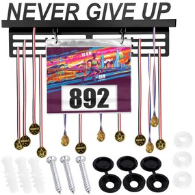 Nástenný vešiak na medaily a štartovacie čísla NEVER GIVE UP čierny
