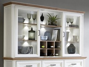 Nástavná vitrína s priehradkami Jasmin,bielená pínia/dub, s osvetlením