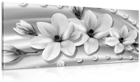 Obraz luxusná magnólia s perlami v čiernobielom prevedení