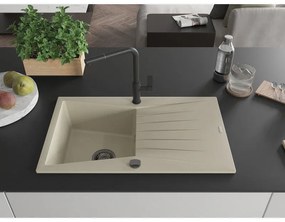 Mexen Cesar, 1-komorový granitový drez 775x470x190 mm a drezová batéria Flora, béžová, 6514-69-670401-70-B