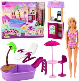 LEAN Toys Bábika Anlily na pláži – bazén, palma, stojan na nápoje a doplnky