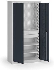 Policová dielenská skriňa 2-dverová, 3 police + 2 zásuvky, 1950 × 950 × 500 mm, grafitové dvere