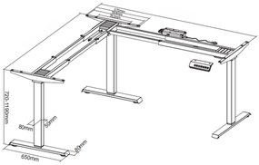 Výškovo nastaviteľný stôl, 3 motory, 745 - 1215 mm, rohový L/P, doska 1600 x 1600 mm, čierna podnož, biela