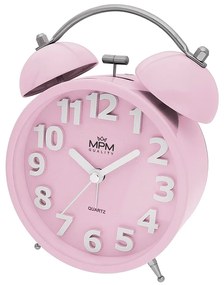 Klasický kovový budík MPM C01.4056.23 – pastelovo ružový, tichý chod, 15,5 cm