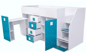 Detská kombinovaná posteľ 90 cm Toreno 3 (biela + biely lesk + tyrkysové lesklé madlá) (P). Vlastná spoľahlivá doprava až k Vám domov. 1083332