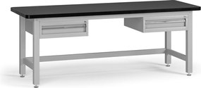 Pracovný stôl do dielne G4 s 2 závesnými boxami na náradie, MDF + PVC doska, 2 zásuvky, 2100 x 750 x 800 mm, sivá