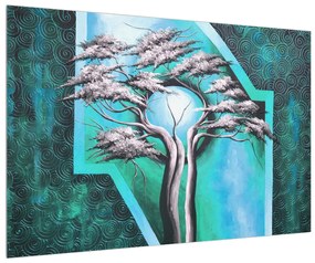 Orientálny modrý obraz stromu a slnka (90x60 cm)
