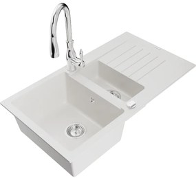 Mexen Matias, 1,5-komorový granitový drez 900x505x200 mm a drezová batéria Savita, biela, 6502-20-672601-00