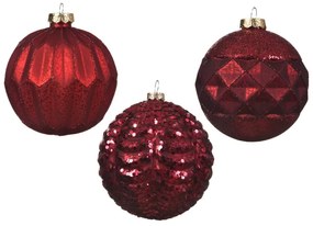 Kaemingk Set 6 ks vianočných gúľ, 10 cm, sklenené, plastický vzor,červené