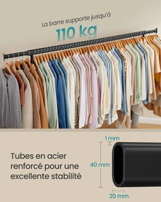 Stojan na oblečenie na kolieskach, extra dlhý, prenosný, čierny