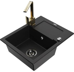 Mexen Enzo, granitový drez 576x465x174 mm, 1-komorový, zlatá batéria Rita, čierna, 6506-77-670300-50-B