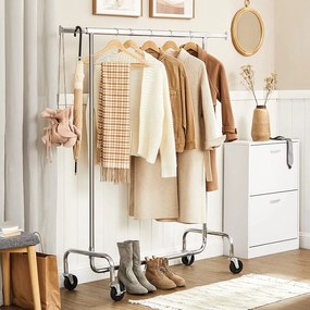 Kovový stojan na šaty, s kolieskami, s vysokou nosnosťou 130 kg, strieborná farba