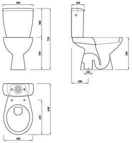 Aqualine Aqualine, MIGUEL WC kombi misa s nádržkou vrátane splachovacej súpravy, spodný odpad, LC2258